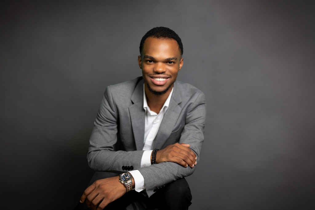 Business Headshot — Seated Grey Blazer