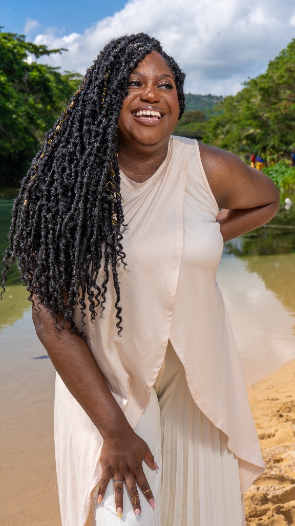 Riverside Portrait — Cream Dress Laughing